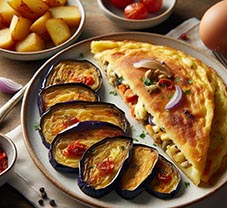 Una tortilla de patatas cortada por la mitad junto con berenjenas rellenas